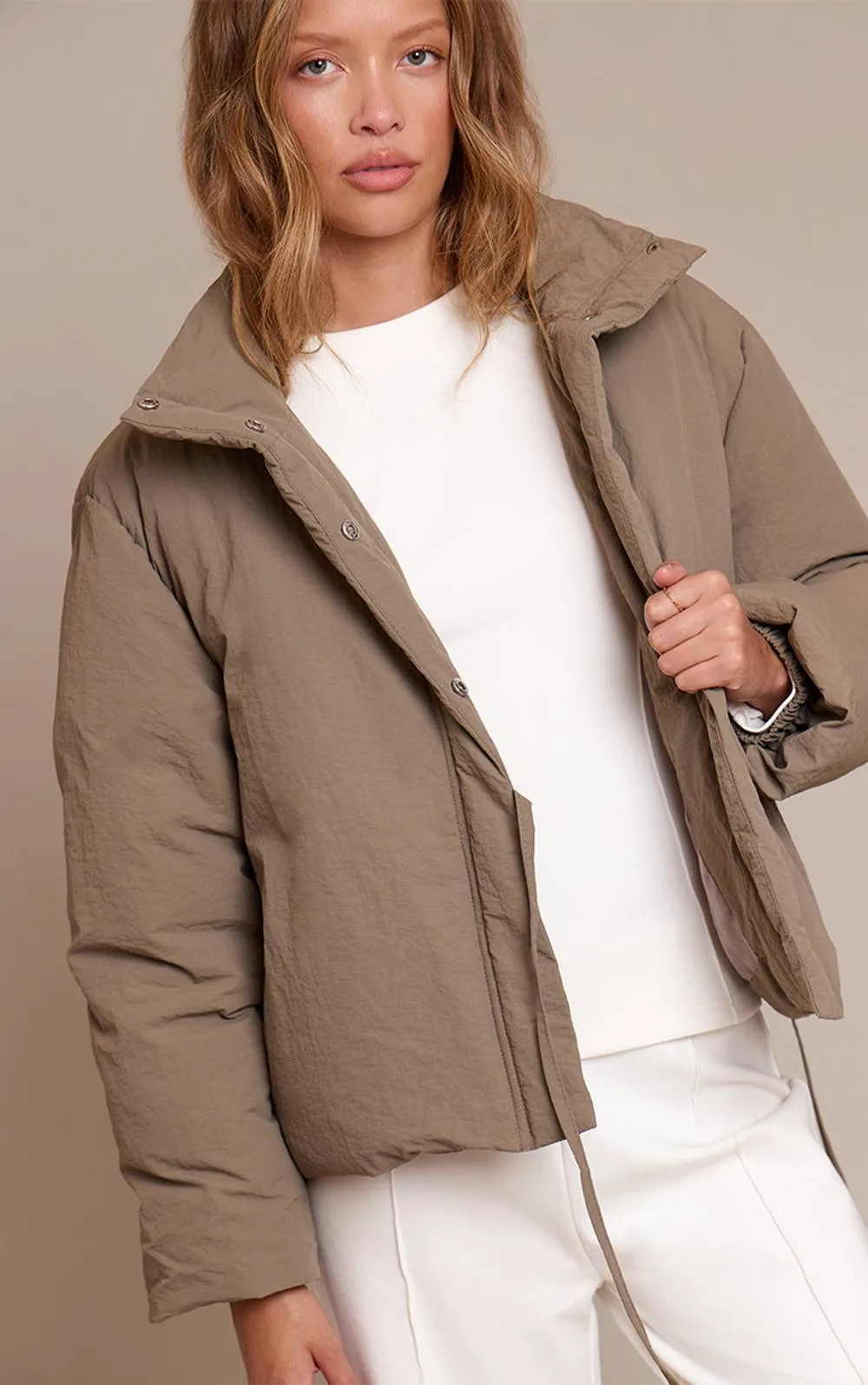 High Neck Tie Waist Quilted Puffer Jacket