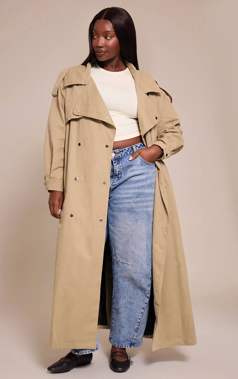 Plus Popper Detail Trench Coat by PrettyLittleThing