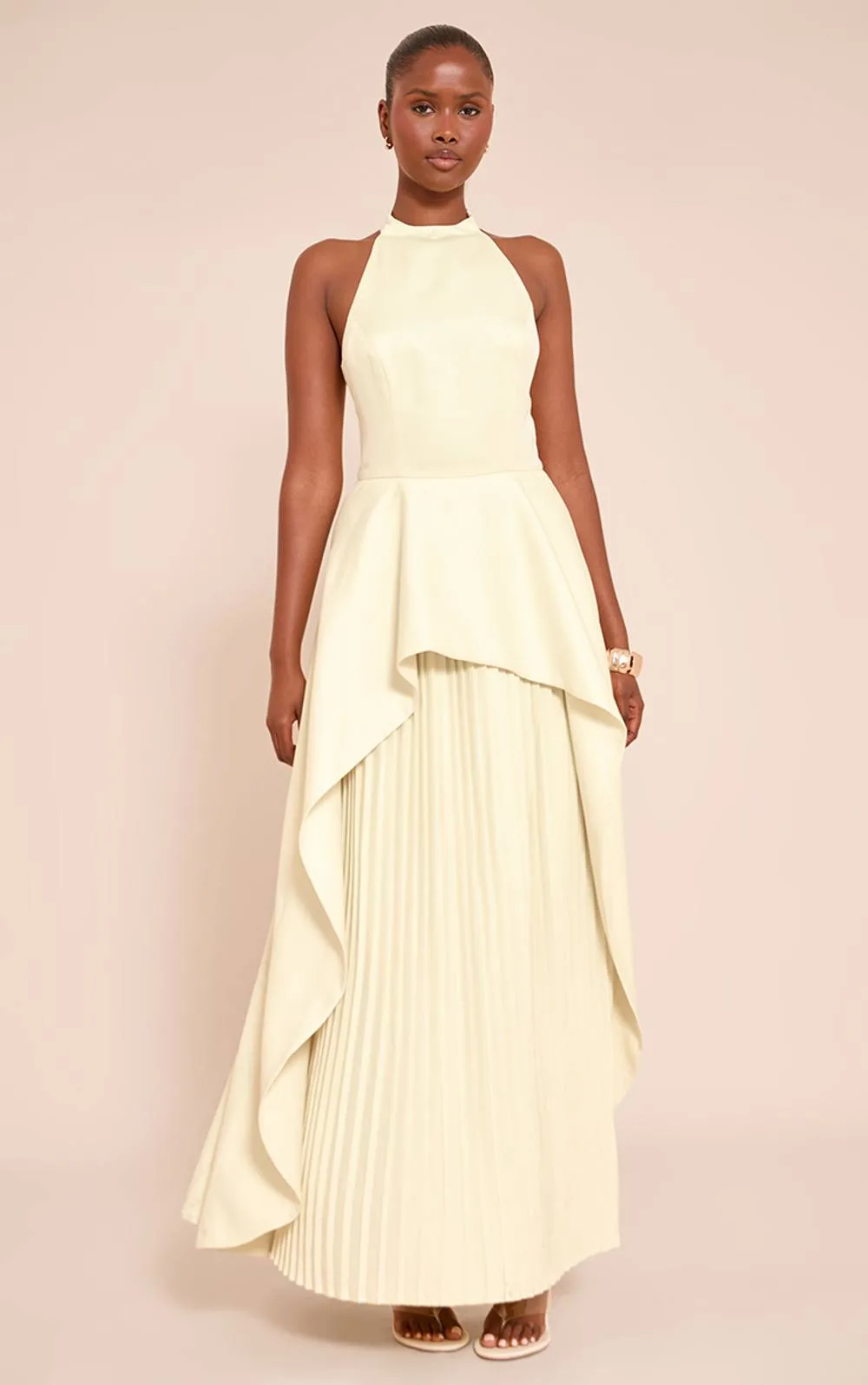 Woven Halterneck Pleated Underlay Maxi Dress by PrettyLittleThing