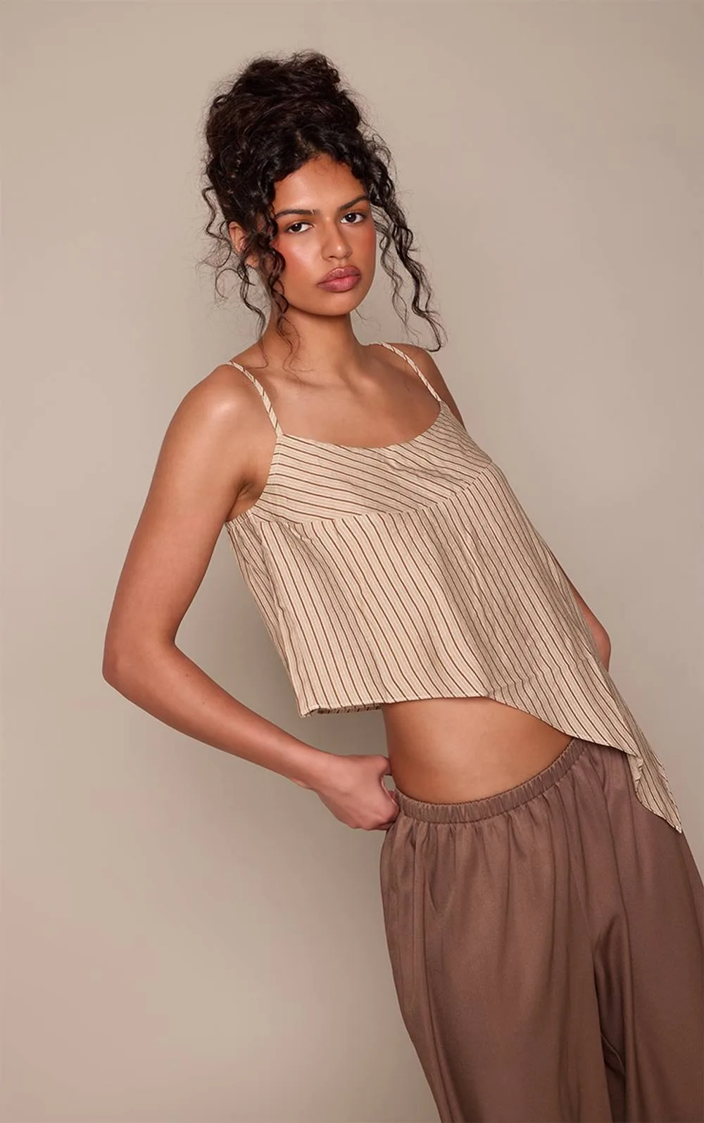 Beige Stripe Asymmetric Hem Floaty Cami Top by PrettyLittleThing