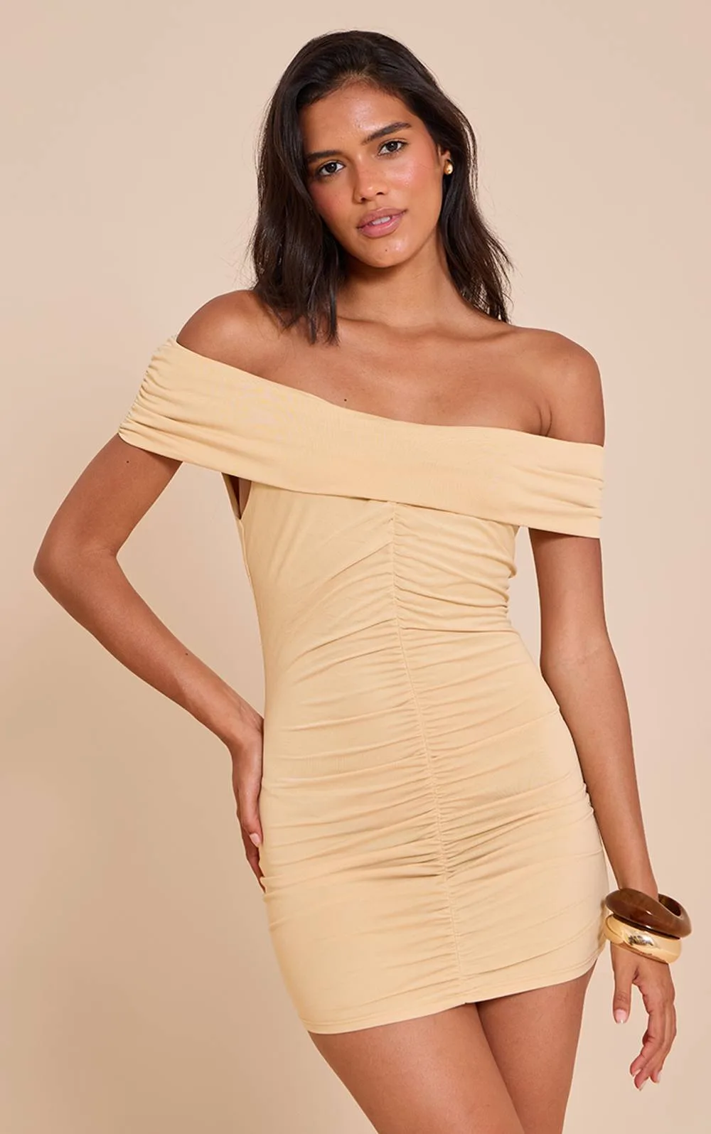 Modal Ruched Drape Bardot Mini Dress