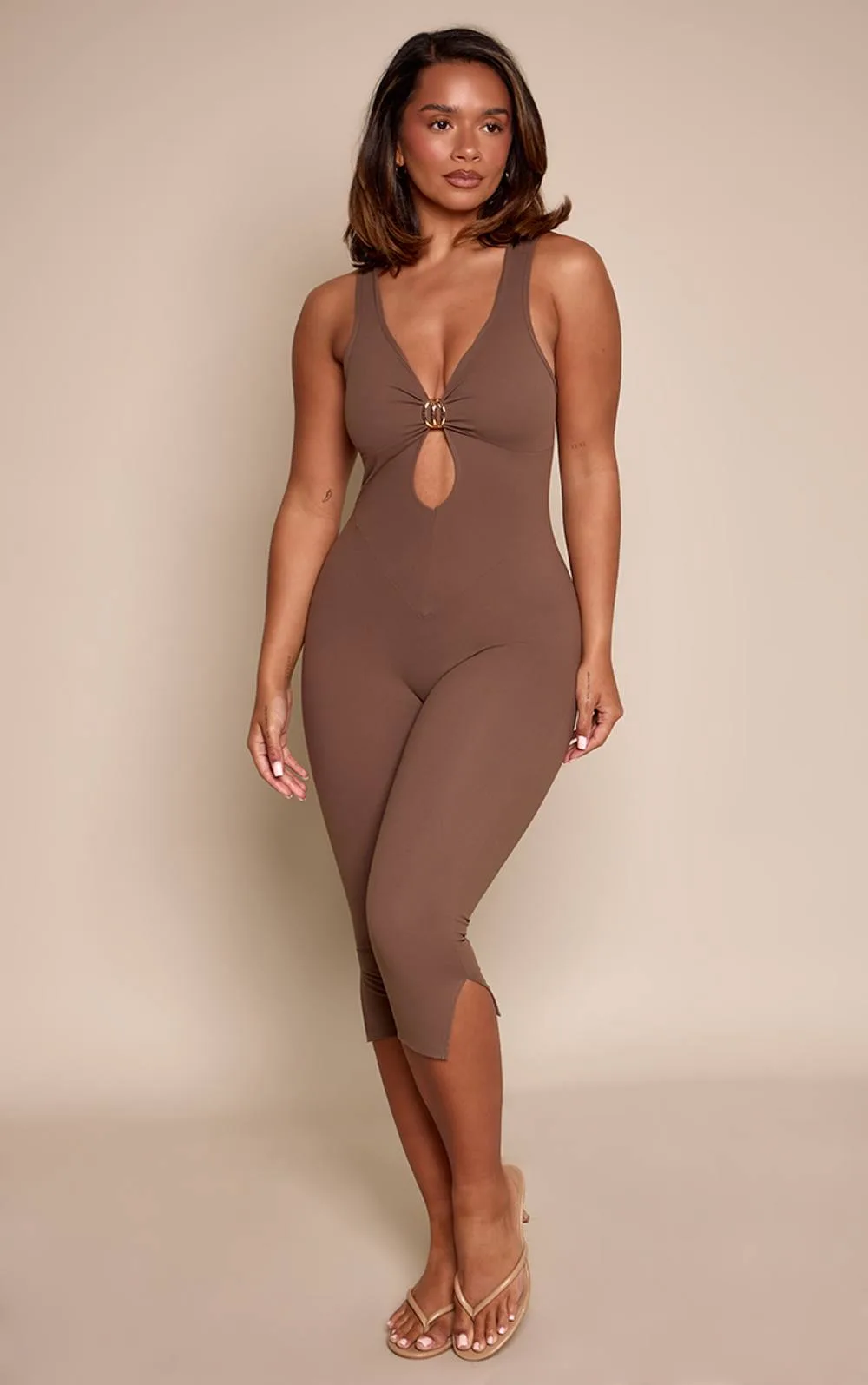 Sculpt Trim Detail Plunge Capri Jumpsuit by PrettyLittleThing