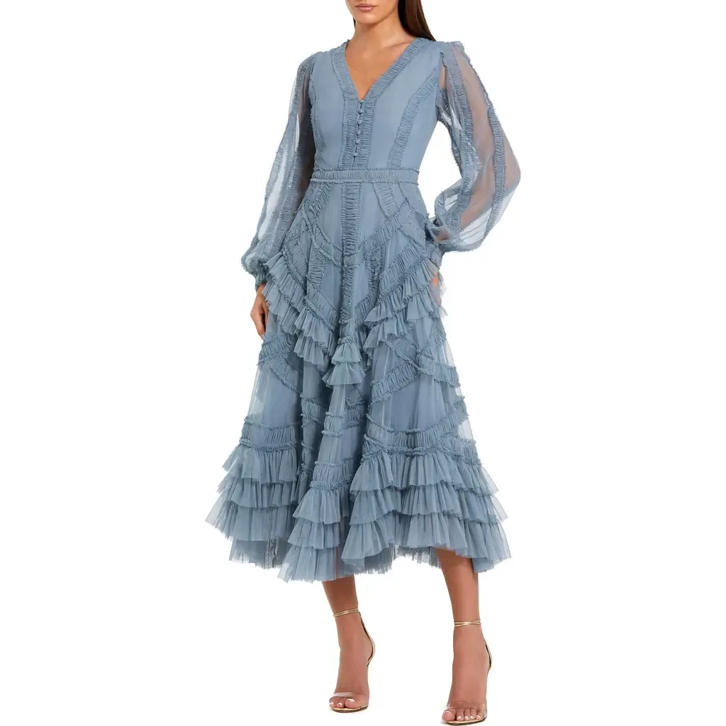 Long Sleeve V Neck Mesh Micro Ruffle Midi Dress