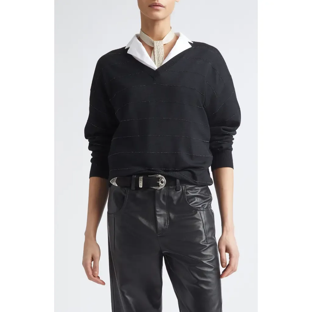 Metallic Stripe Wool V-Neck Sweater by Eleventy