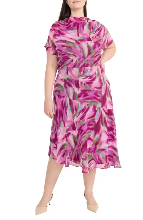 Abstract Print Asymmetric Chiffon Midi Dress