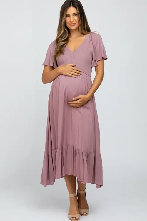 Smocked V-Neck Midi Dress by PinkBlush