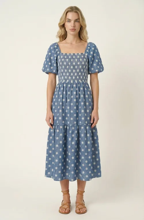 Smocked Puff-Sleeve Midi Dress with Tiered Skirt and Pockets by Modenaire