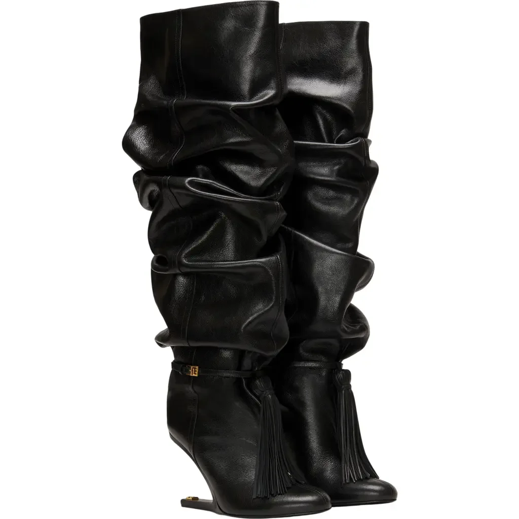 No Wedge Textured Leather Thigh-High Boots with Tassel by Balmain