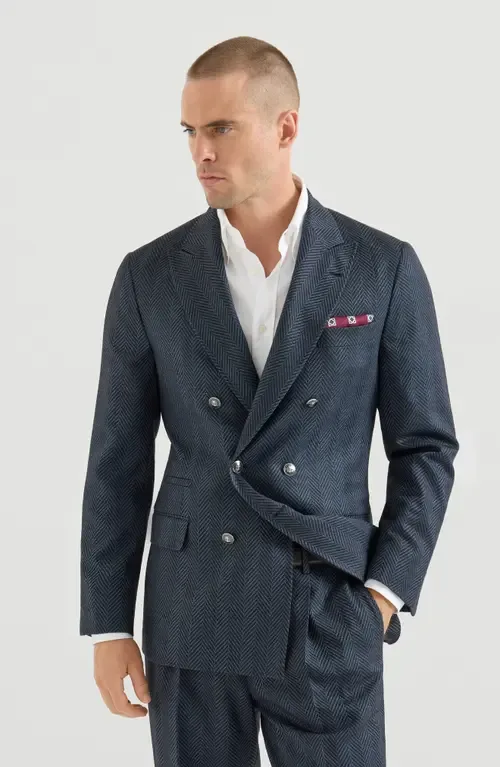 Cashmere and Silk Chevron Flannel One-and-a-Half Breasted Deconstructed Blazer with Metal Buttons by Brunello Cucinelli