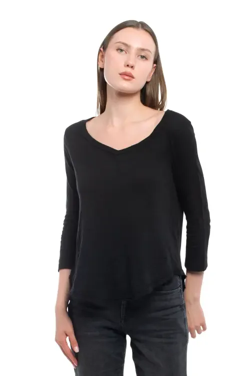 3/4 Sleeve V-Neck Shirttail Tee with Raw Hem Top by WILT Clothing
