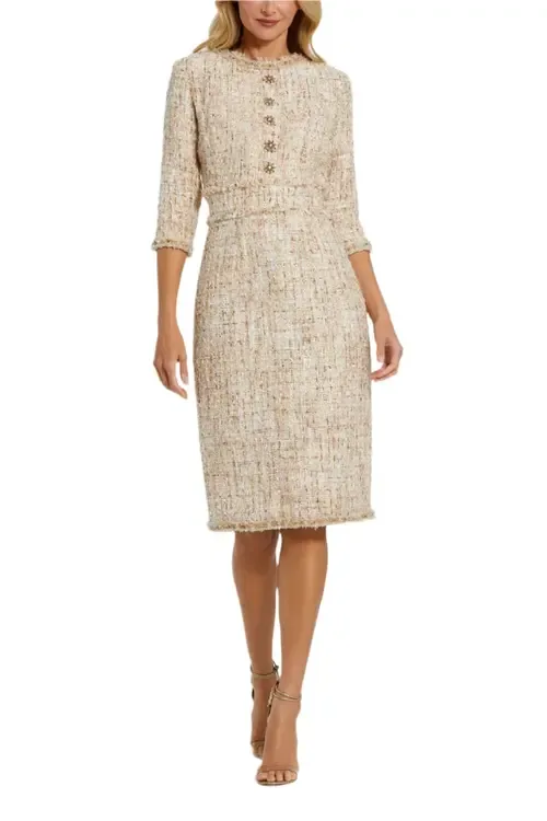 High Neck 3/4 Sleeve Beaded Trim Midi Dress by Mac Duggal