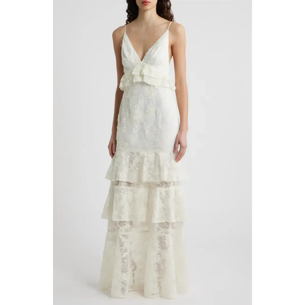 Eris Floral Lace Tiered Gown by Black Halo