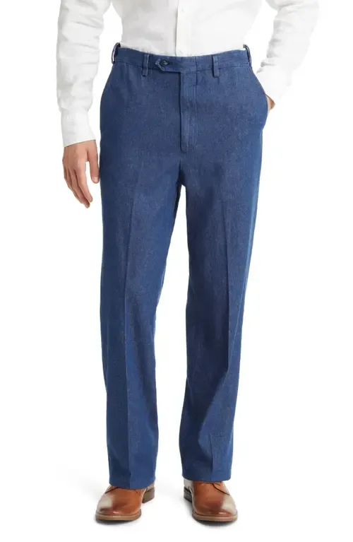 Pleated Self Sizer Waist Flat Front Denim Trousers by Berle