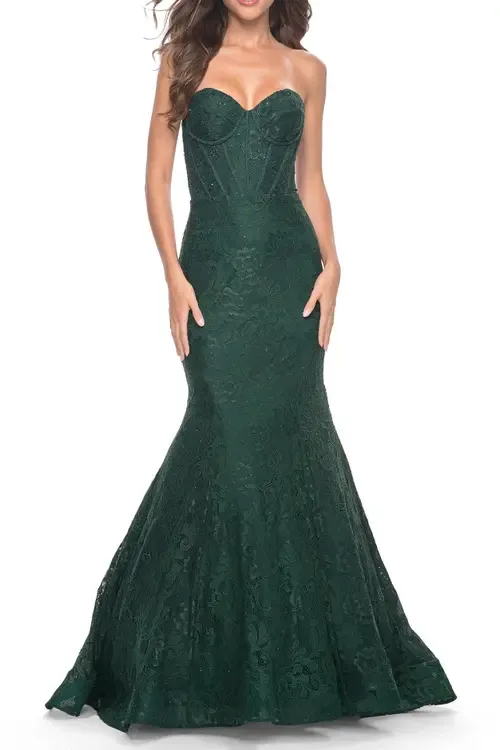 Mermaid Stretch Lace Dress with Bustier Top and Sheer Back