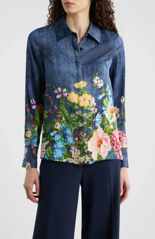 The Johanna Garden Denim Silk Blend Shirt by Elie Tahari