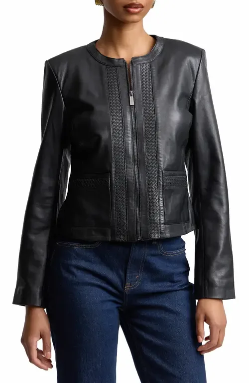 Basketweave Detail Leather Jacket