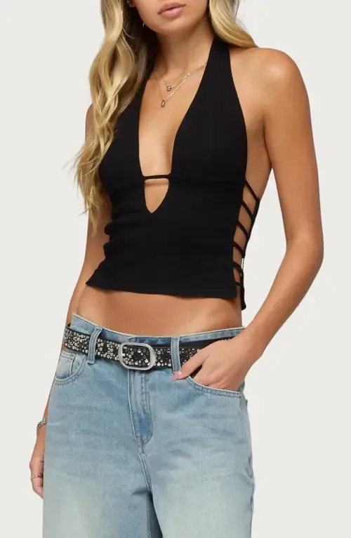 Aneera Plunge Neck Cutout Halter Top