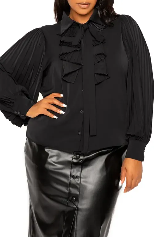 Tie Neck Pleated Sleeve Top by BUXOM COUTURE