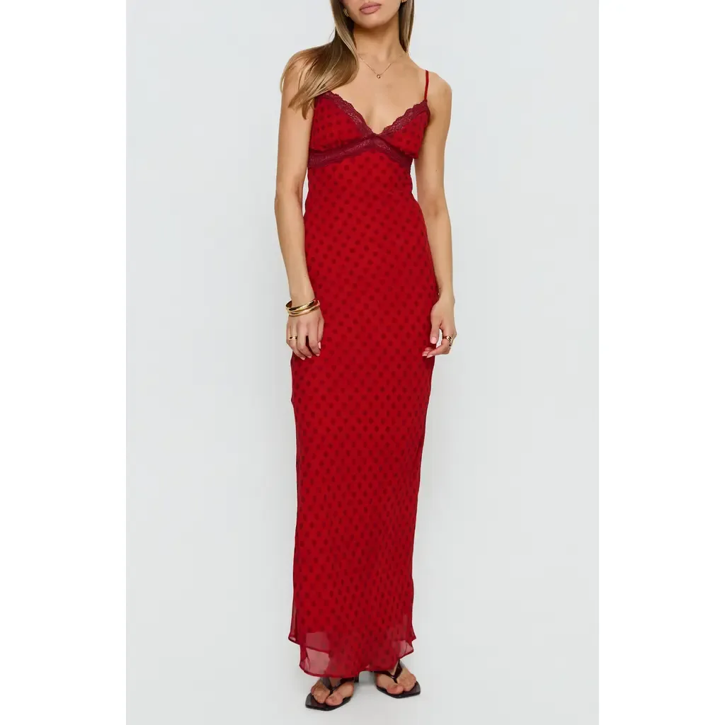 Adasia Polka Dot Lace Trim Maxi Dress