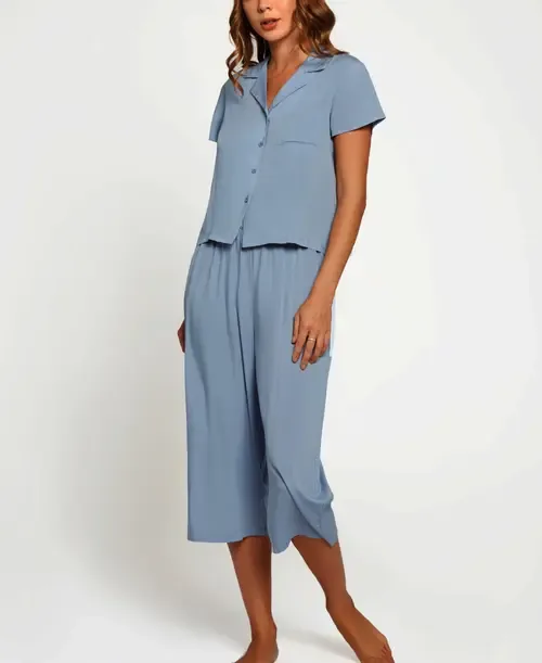 Short Sleeve Shirt & Wide-Leg Pants Pajama Set