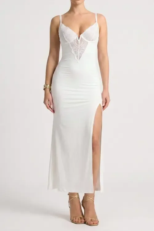 All-in-One Built-In Shapewear Lace Split Maxi Slip Dress by Popilush
