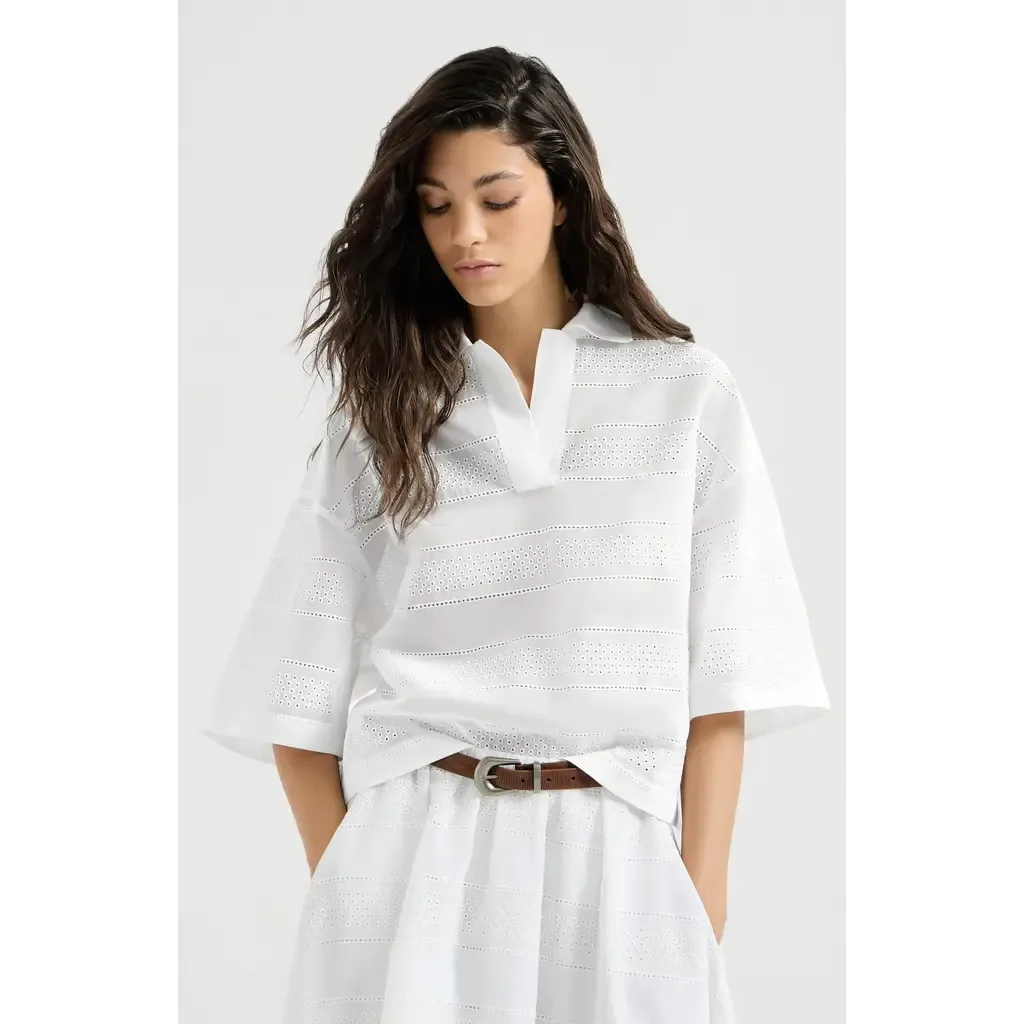 Cotton Organza Broderie Anglaise Cropped Polo by Brunello Cucinelli