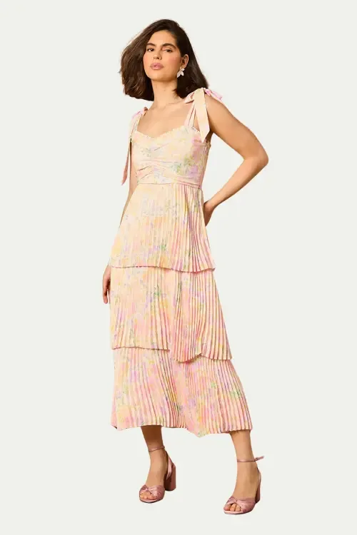 Pleated Tie Shoulder Midi Dress by Oasis