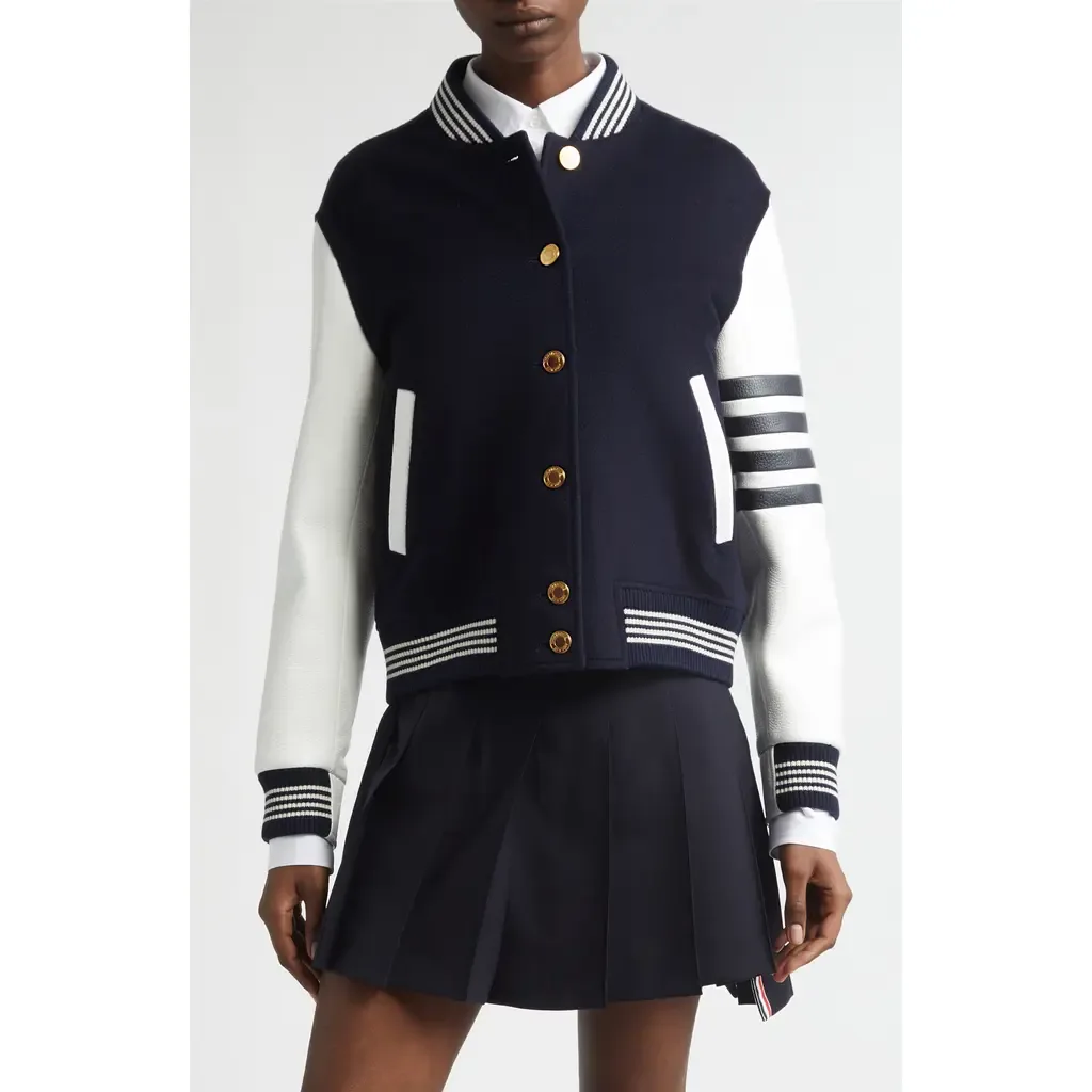 4-Bar Wool & Leather Varsity Jacket by Thom Browne
