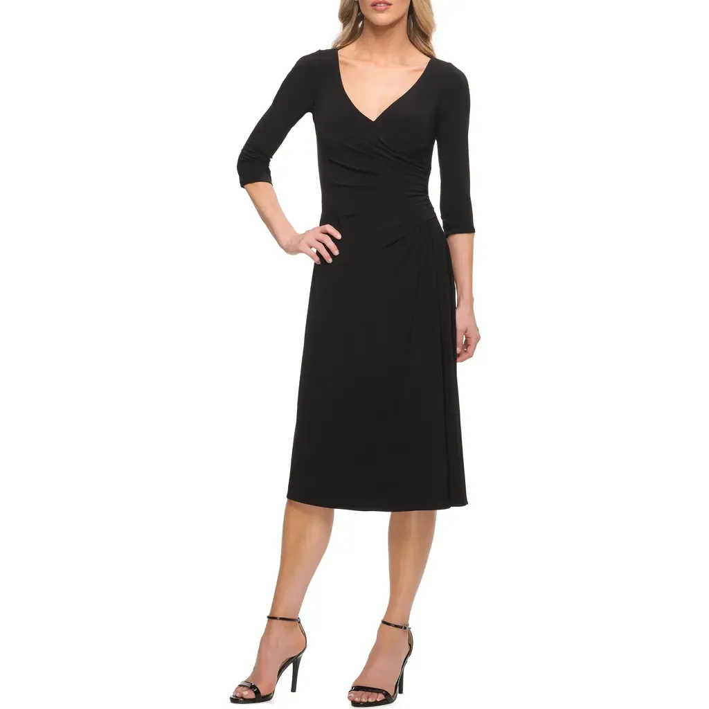 Chic Tea Length Jersey Dress with Ruching by La Femme