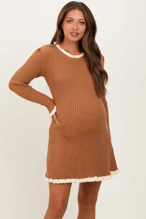 Ribbed Knit Contrast Ruffle Trim Mini Dress by PinkBlush