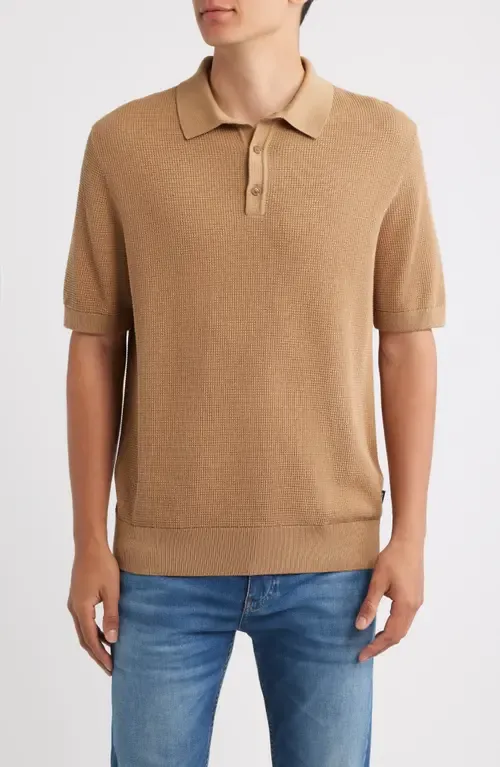 Lancio Solid Cotton Waffle Polo Sweater by BOSS