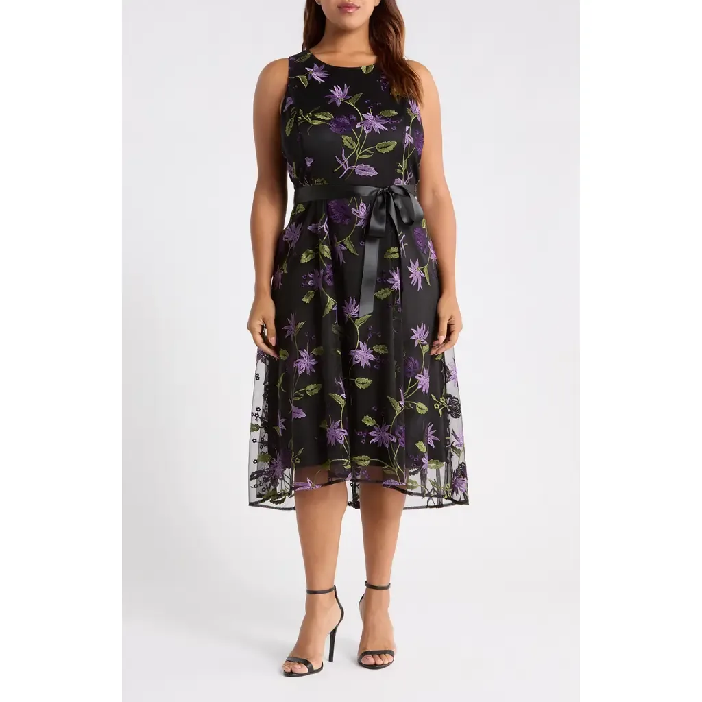 Floral Embroidered Sleeveless Midi Dress by Tahari ASL