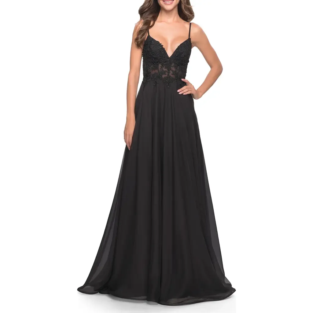 A-Line Gown with Sheer Floral Embellished Bodice in Jewel Tones by La Femme