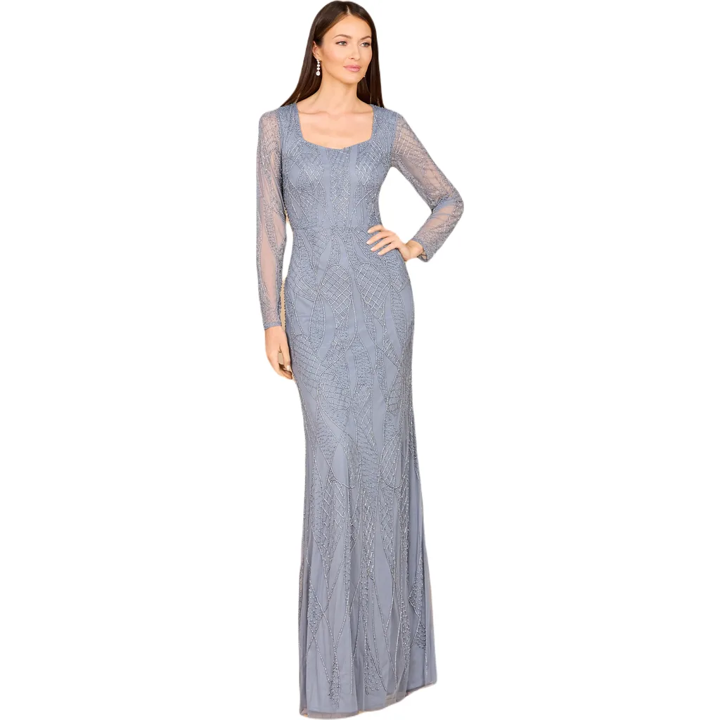 V Neck Beaded Long Sleeve Dress by LARA New York
