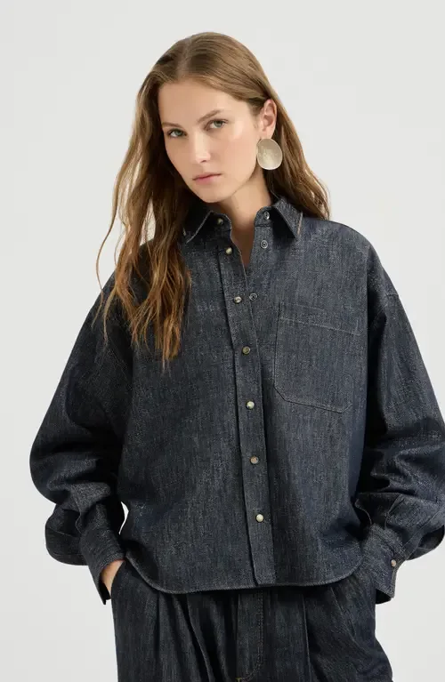 Sparkling No-Fade Denim Shirt with Shiny Collar