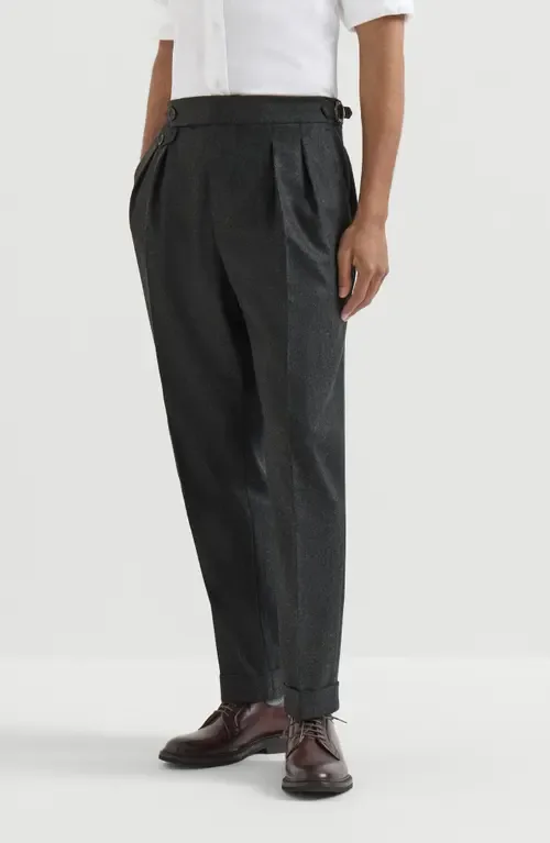 Virgin Wool Flannel Trousers in Twisted Cotton Gabardine with Double Pleats and Waist Tabs by Brunello Cucinelli
