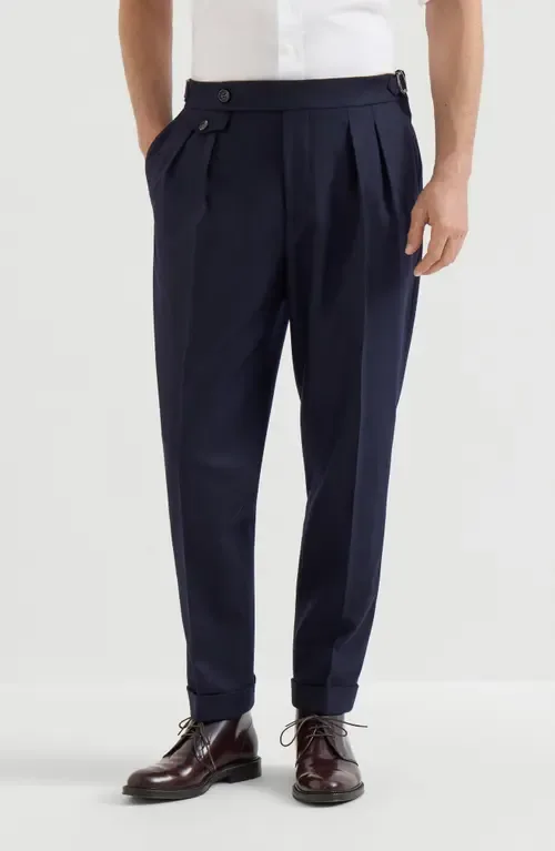 Virgin Wool Flannel Trousers in Twisted Cotton Gabardine with Double Pleats and Waist Tabs