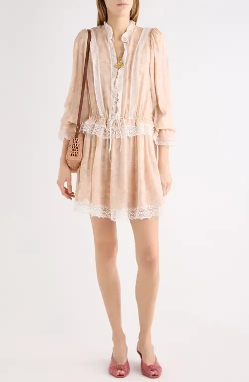Floral Long Sleeve Silk Charmeuse & Lace Minidress by Chloé