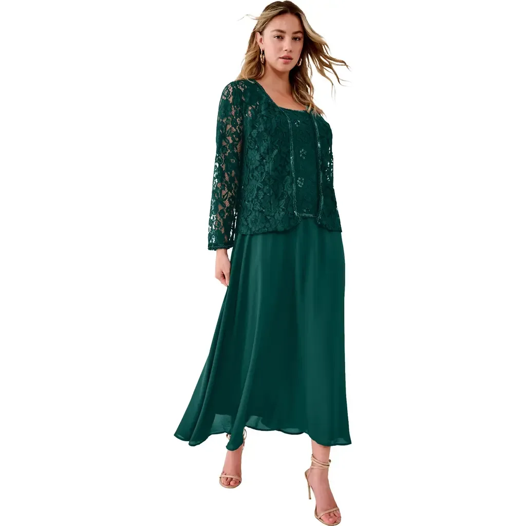 2 Piece Long Sleeve Embellished Lace Jacket and Full Gown by Roaman's