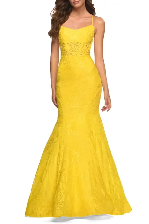 Bright Mermaid Lace Gown with Sheer Bodice and Open Back by La Femme