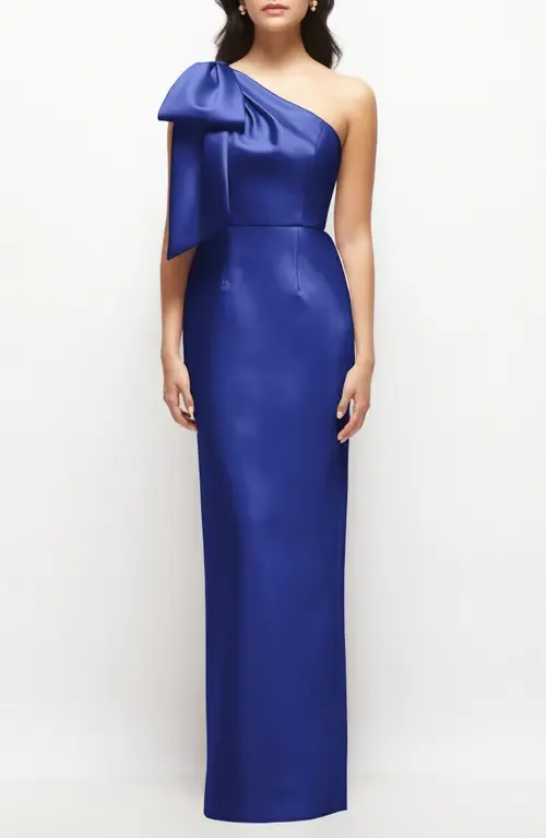 Bow Detail One-Shoulder Satin Twill Column Gown