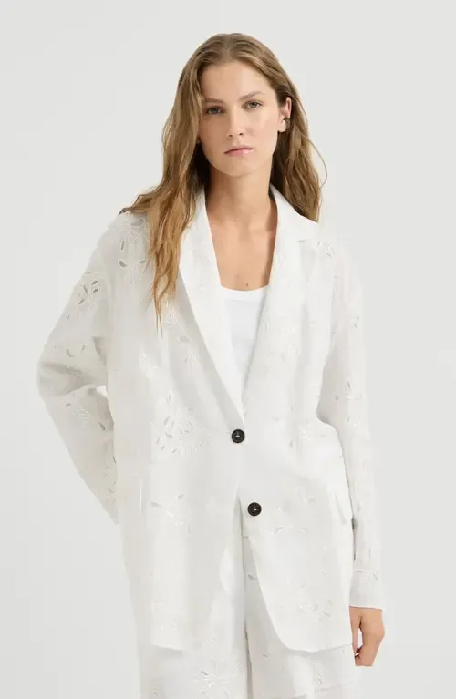 Cotton Organza Blazer with Dazzling Broderie Anglaise with Monili by Brunello Cucinelli