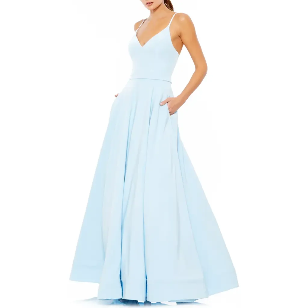 V-Neck Ball Gown with Belted A-Line Skirt by Mac Duggal