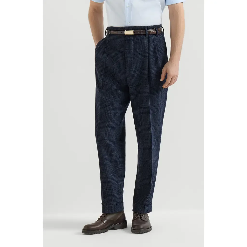 Comfort Wool and Cashmere Prince of Wales Flannel Trousers with Double Pleats