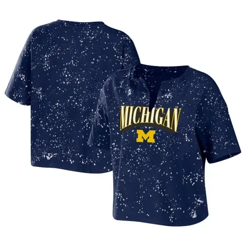 WEAR by Erin Andrews Navy Michigan Wolverines Bleach Wash Splatter Cropped Notch Neck T-Shirt by WEAR by Erin Andrews