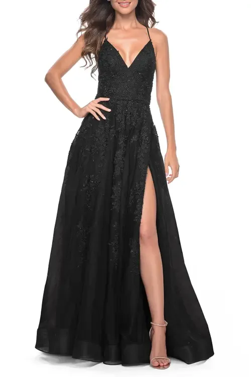 Tulle Prom Dress with Floral Detail and Side Slit by La Femme