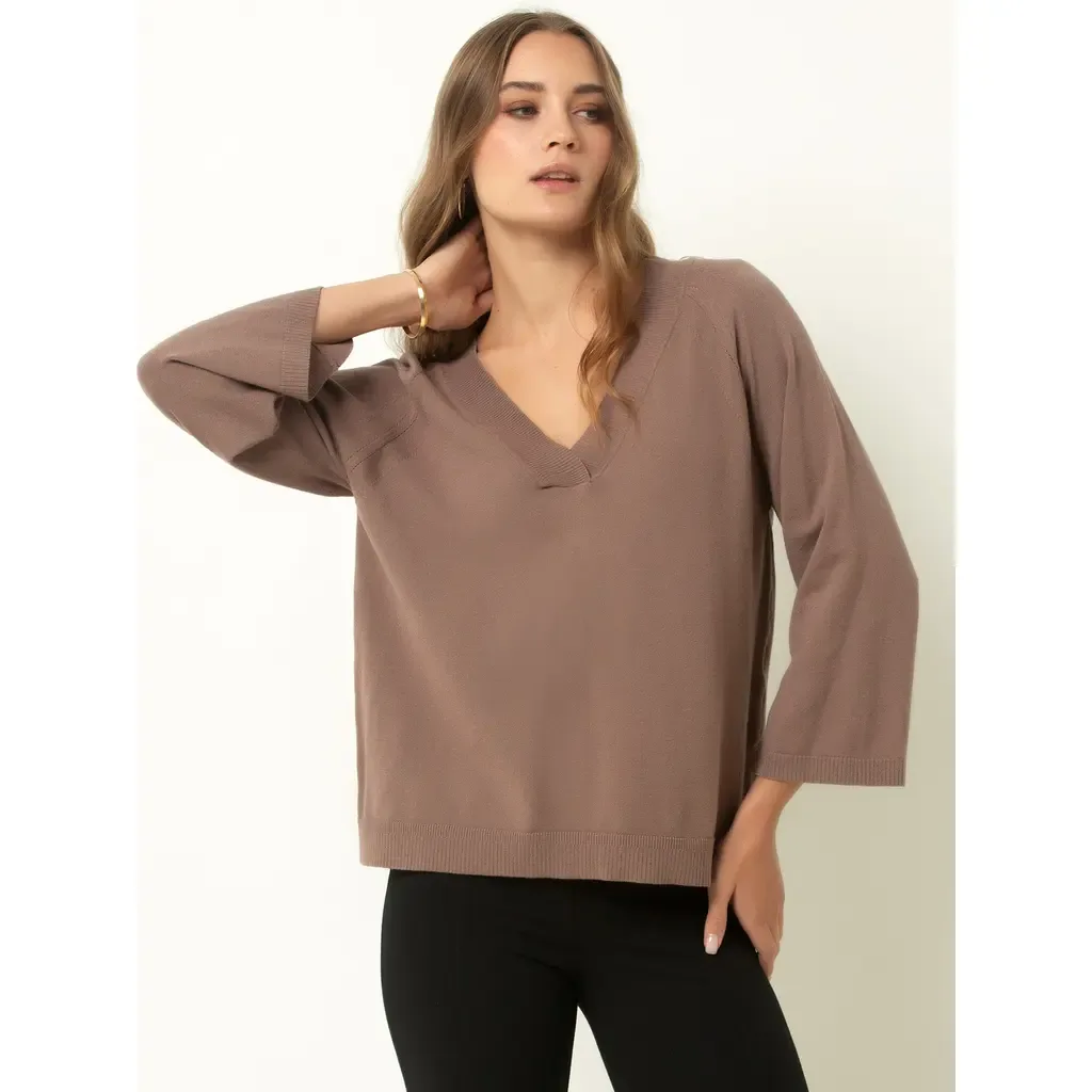Drop Shoulder V-Neck Sweater by Single Stitch