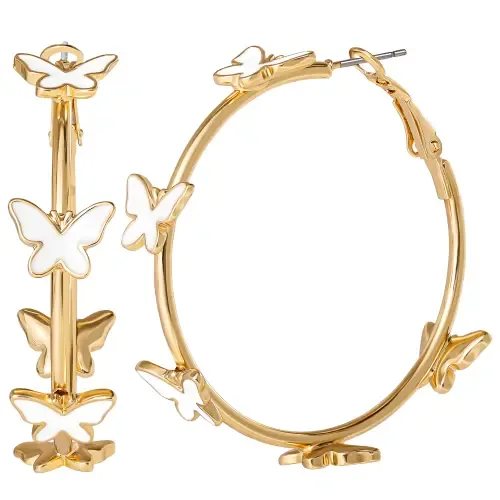 White Enamel and Gold-Tone Butterfly Hoop Earrings by Jessica Simpson
