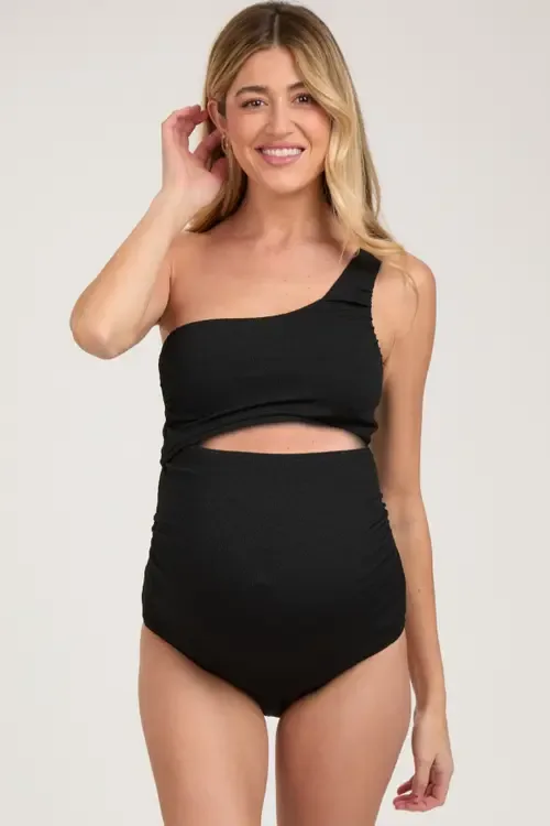 Asymmetrical One Shoulder Side Cutout One-Piece Maternity Swimsuit by PinkBlush