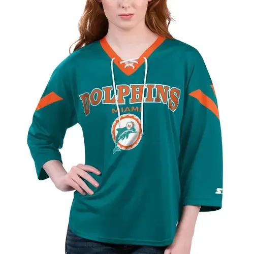 Starter Aqua Miami Dolphins Rally Lace-Up 3/4 Sleeve T-Shirt by STARTER